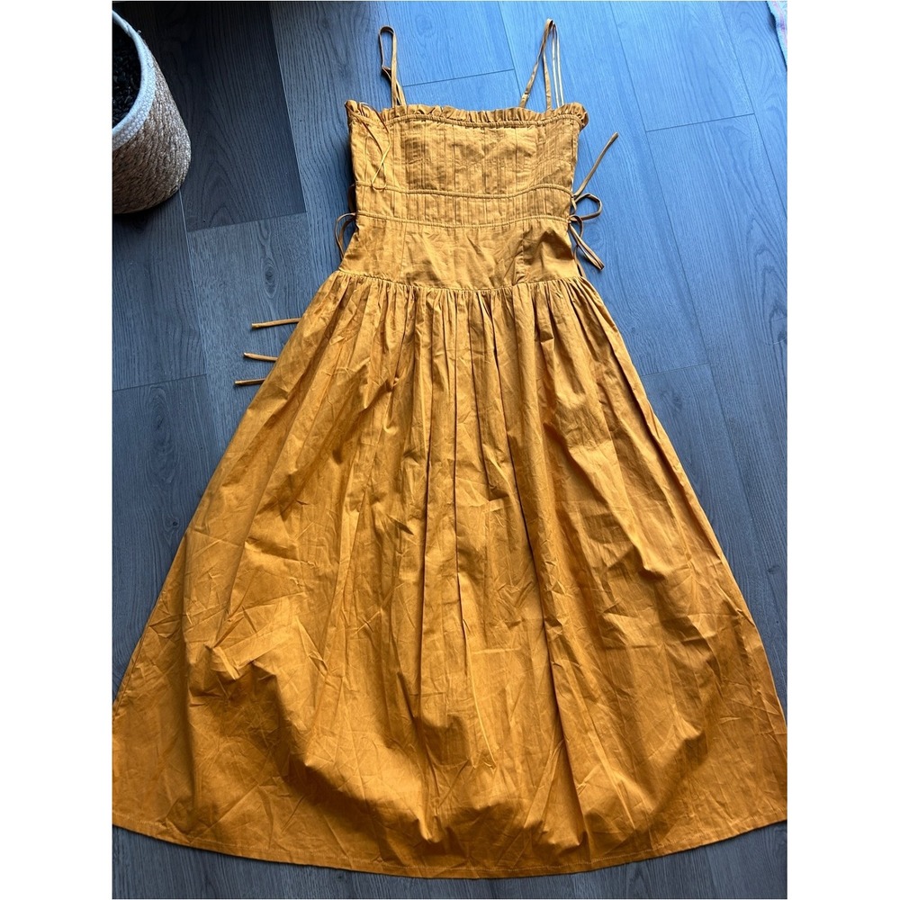 Moon River Mustard Yellow Cotton Smocked Midi Dress Side Tie Ruffle NwoT Medium